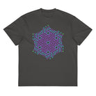 GeoTron Violet cotton box t-shirt in Vintage Black, front view: violet and blue hexagon of interlocking chevrons on the chest