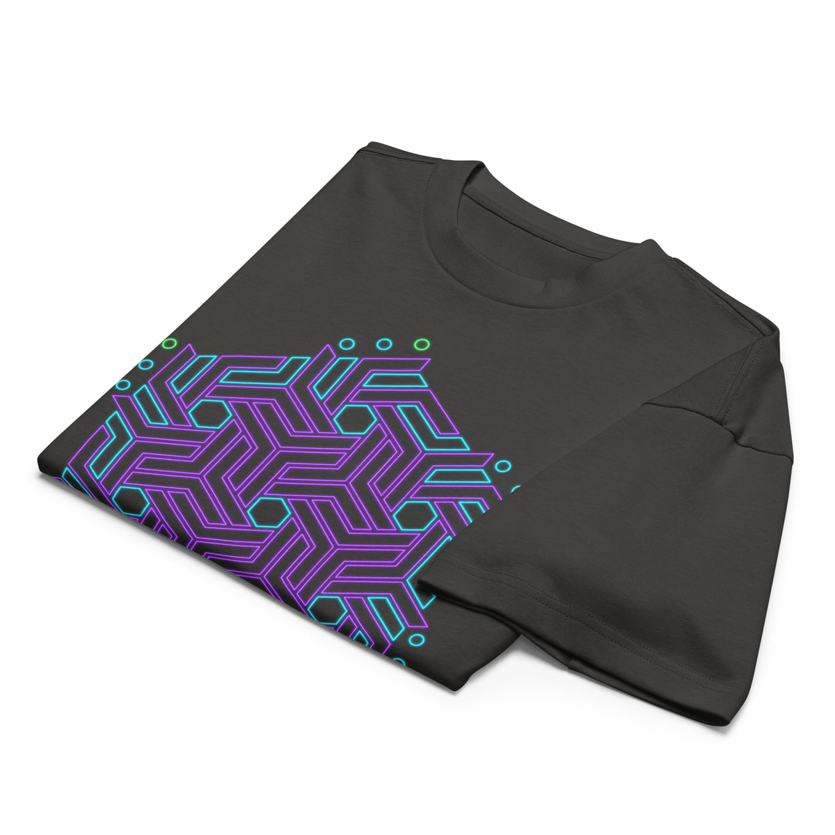 GeoTron Violet cotton box t-shirt in Vintage Black, folded: violet and blue hexagon of interlocking chevrons