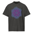GeoTron Violet cotton box t-shirt in Vintage Black, front view: violet and blue hexagon of interlocking chevrons on the chest