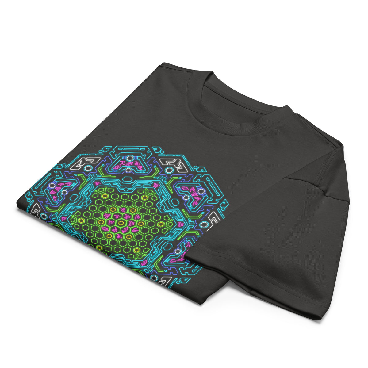 Neural Program Turquoise cotton box t-shirt in Vintage Black, folded: green honeycomb star wrapped in turquoise circuit bands