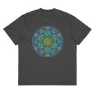 Neural Program Turquoise cotton box t-shirt in Vintage Black, front view: green and turquoise mandala on the chest