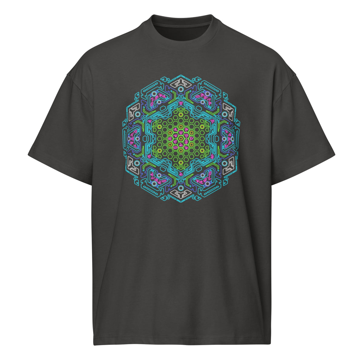 Neural Program Turquoise cotton box t-shirt in Vintage Black, front view: green and turquoise mandala on the chest