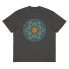 Neural Program Gold cotton box t-shirt in Vintage Black, front view: gold and turquoise mandala on the chest