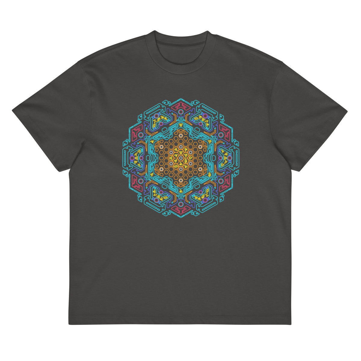 Neural Program Gold cotton box t-shirt in Vintage Black, front view: gold and turquoise mandala on the chest