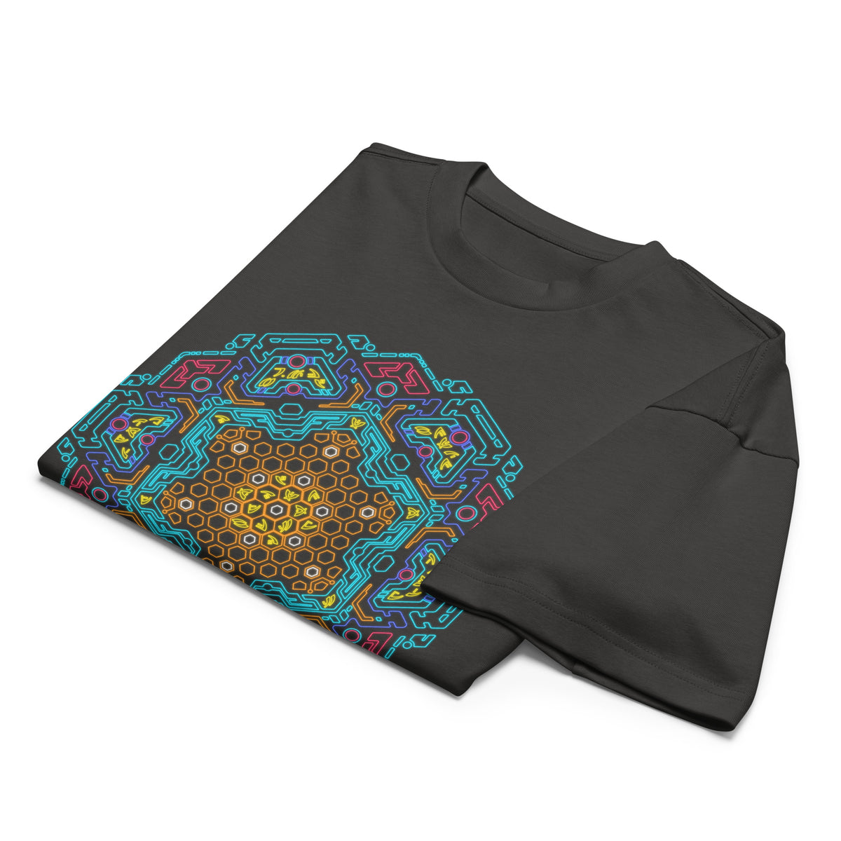 Neural Program Gold cotton box t-shirt in Vintage Black, folded: gold honeycomb star wrapped in turquoise circuit bands