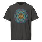 Neural Program Gold cotton box t-shirt in Vintage Black, front view: gold and turquoise mandala on the chest
