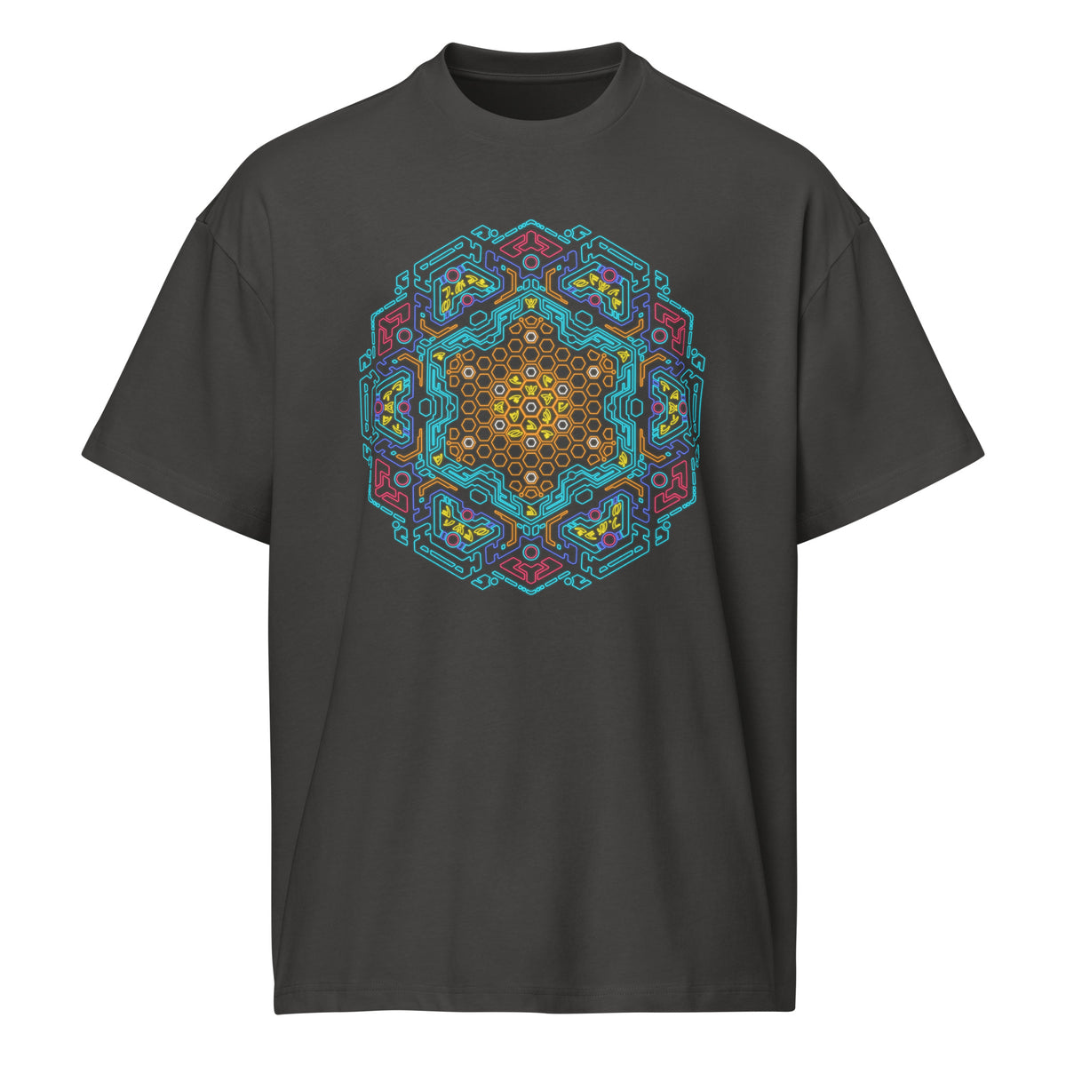 Neural Program Gold cotton box t-shirt in Vintage Black, front view: gold and turquoise mandala on the chest