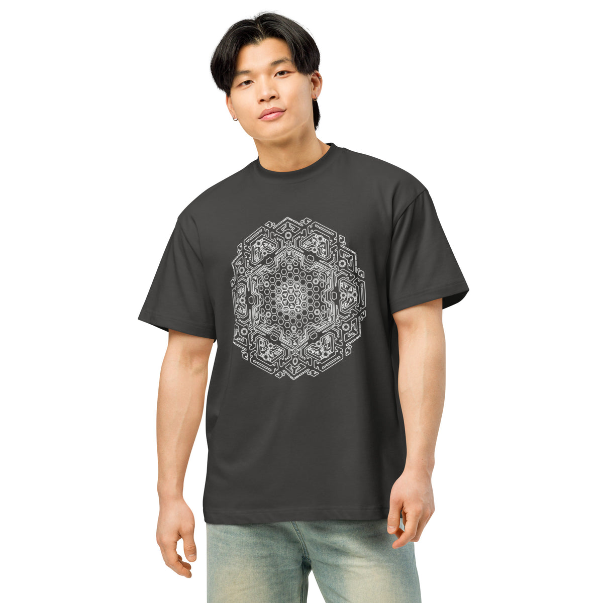 Neural Program B&W cotton box t-shirt in Vintage Black, front view on a model: white honeycomb star wrapped in circuit lines