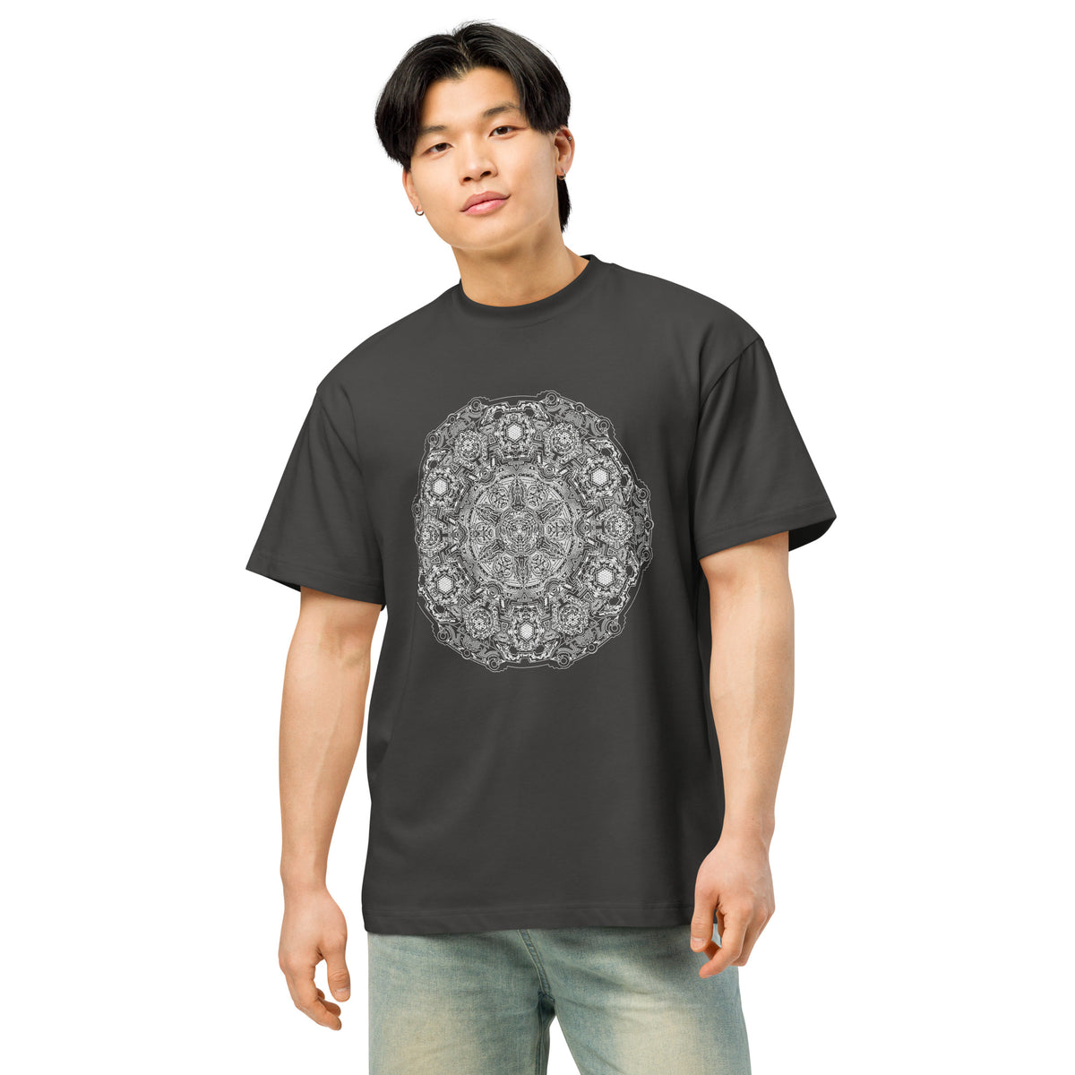 Stargate Origin B&W cotton box t-shirt in Vintage Black, front view on a model: round white mandala