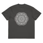 Stargate Origin B&W cotton box t-shirt in Vintage Black, front view: round white mandala on the chest