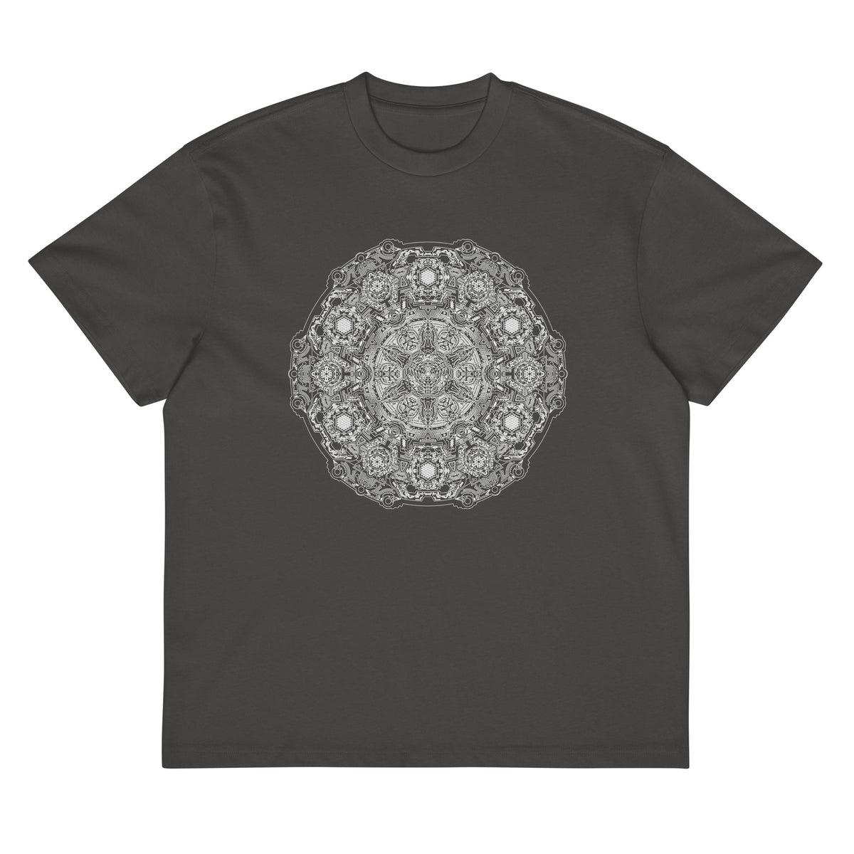 Stargate Origin B&W cotton box t-shirt in Vintage Black, front view: round white mandala on the chest
