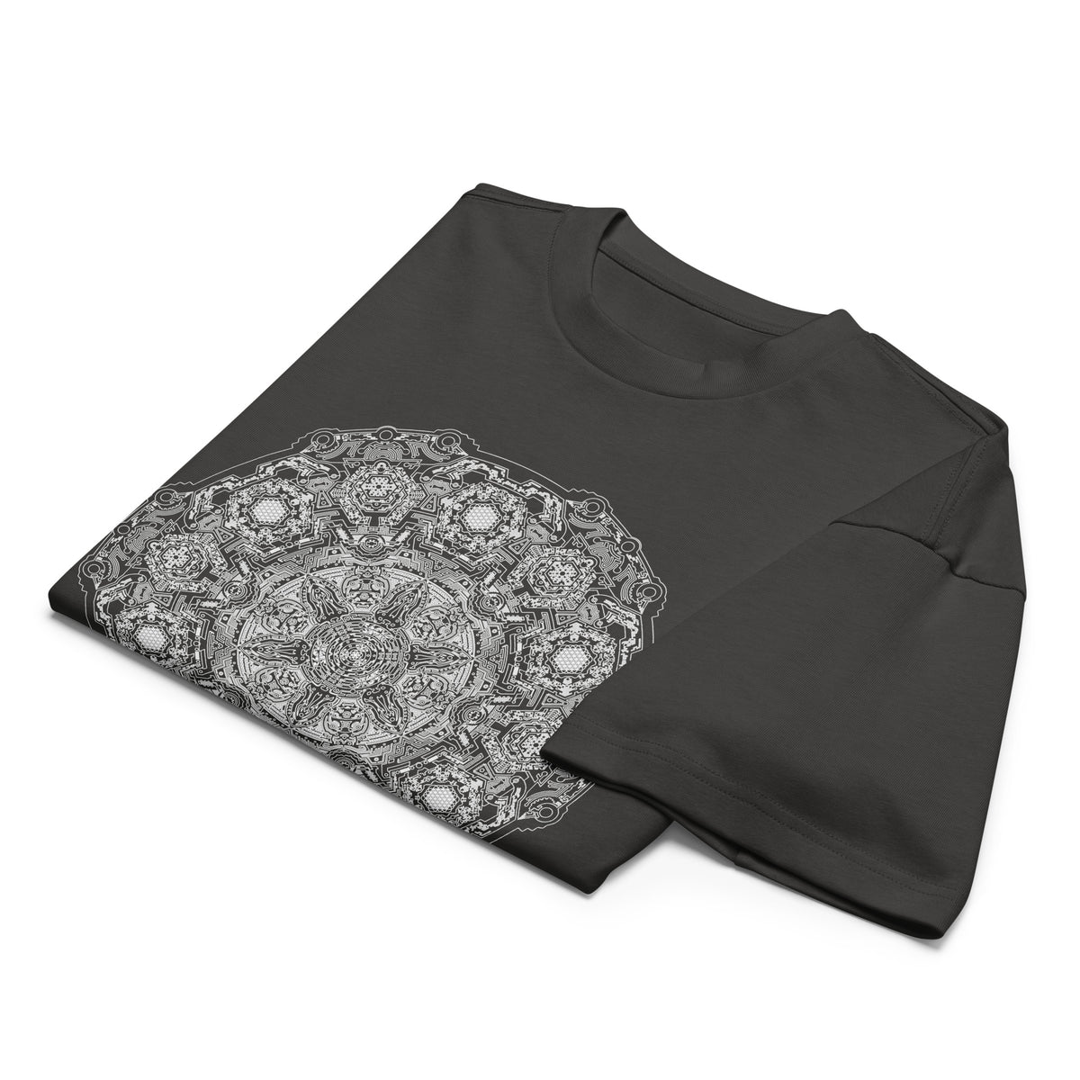 Stargate Origin B&W cotton box t-shirt in Vintage Black, folded: round white mandala with a ring of hexagonal gates