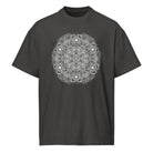Stargate Origin B&W cotton box t-shirt in Vintage Black, front view: round white mandala on the chest