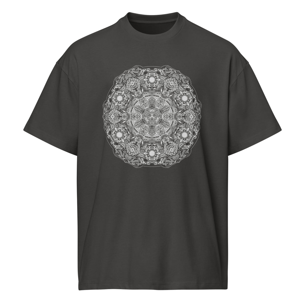 Stargate Origin B&W cotton box t-shirt in Vintage Black, front view: round white mandala on the chest
