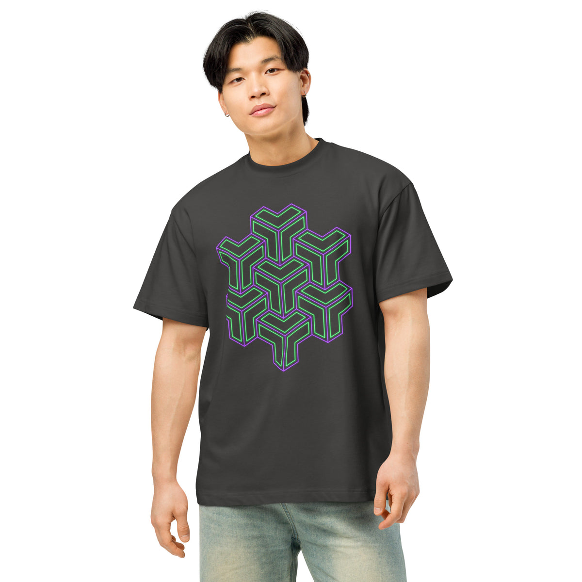 TreeStar cotton box t-shirt in Vintage Black, front view on a model: green and violet Y-shaped blocks stacked like cubes