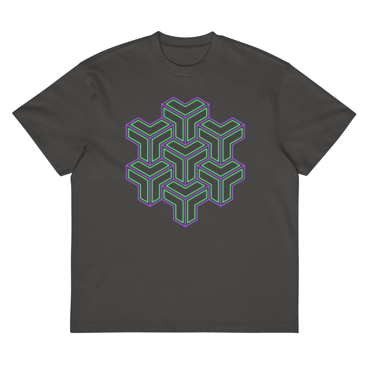 TreeStar cotton box t-shirt in Vintage Black, front view: green and violet Y-shaped blocks stacked like cubes on the chest