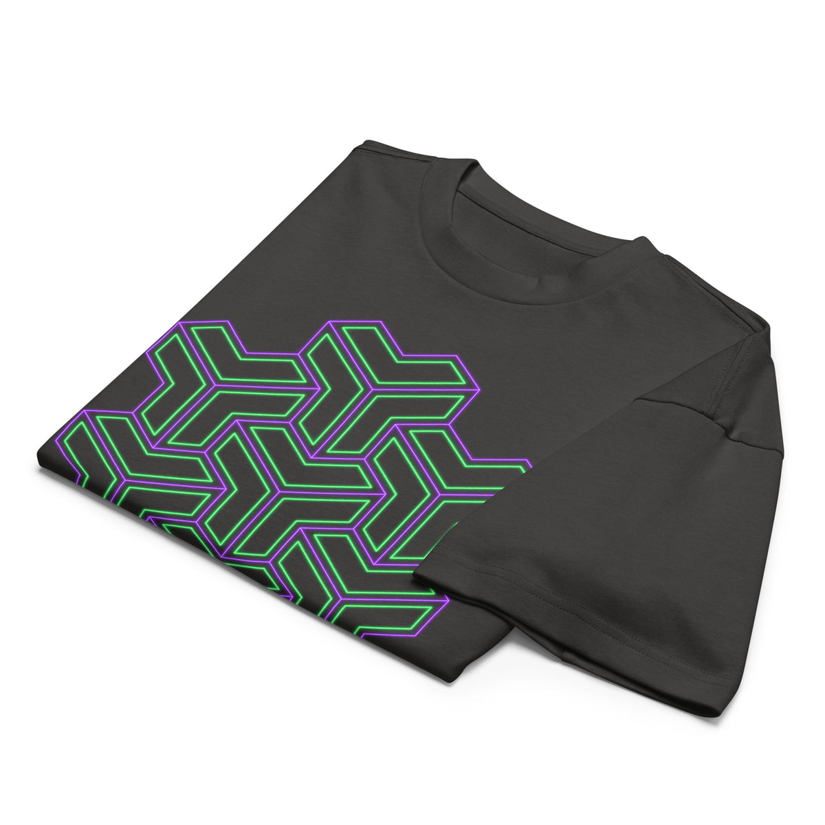 TreeStar cotton box t-shirt in Vintage Black, folded: green and violet Y-shaped blocks stacked like cubes