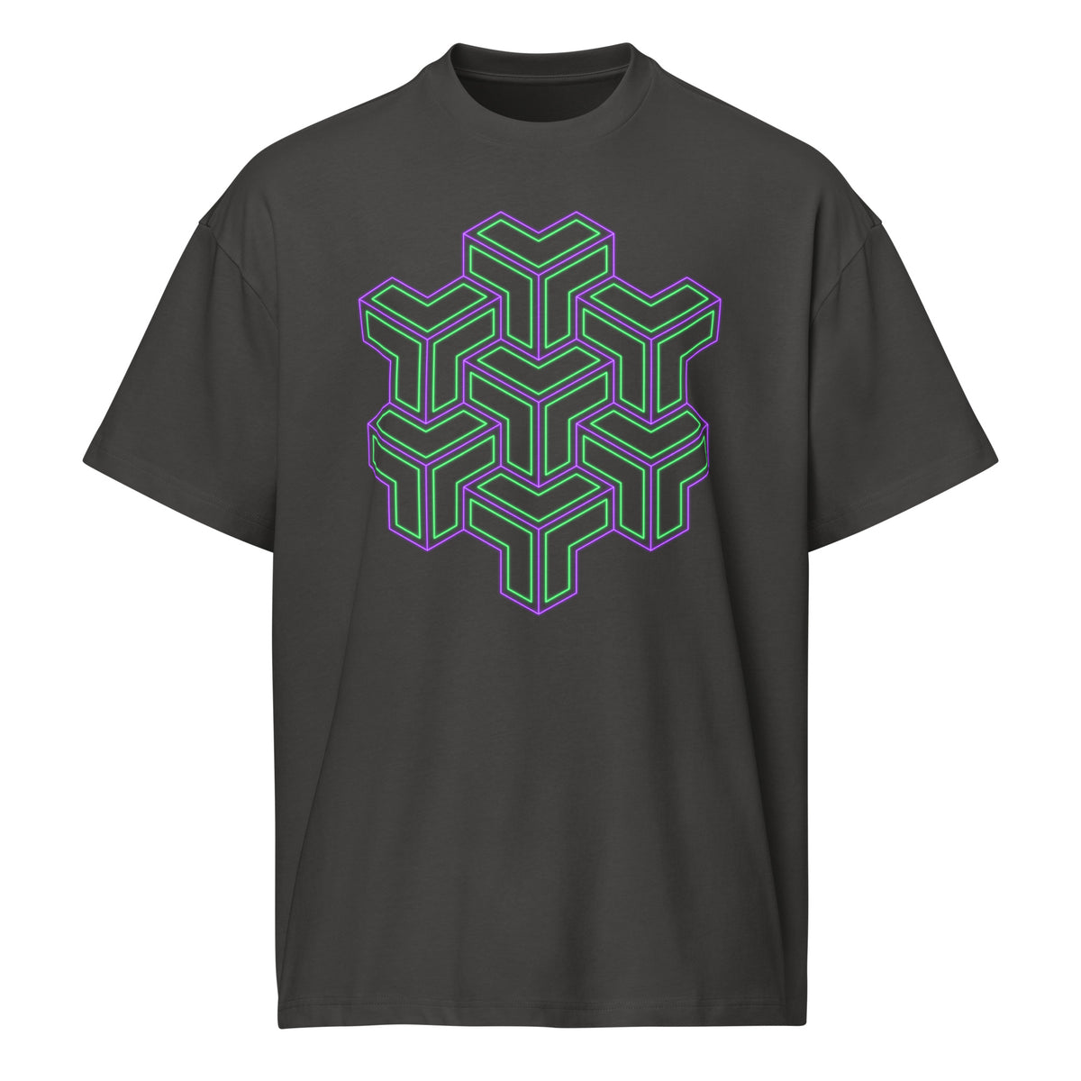 TreeStar cotton box t-shirt in Vintage Black, front view: green and violet Y-shaped blocks stacked like cubes on the chest