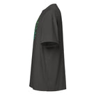 Hexa cotton box t-shirt in Vintage Black, left side view: plain sleeve, edge of the green front print