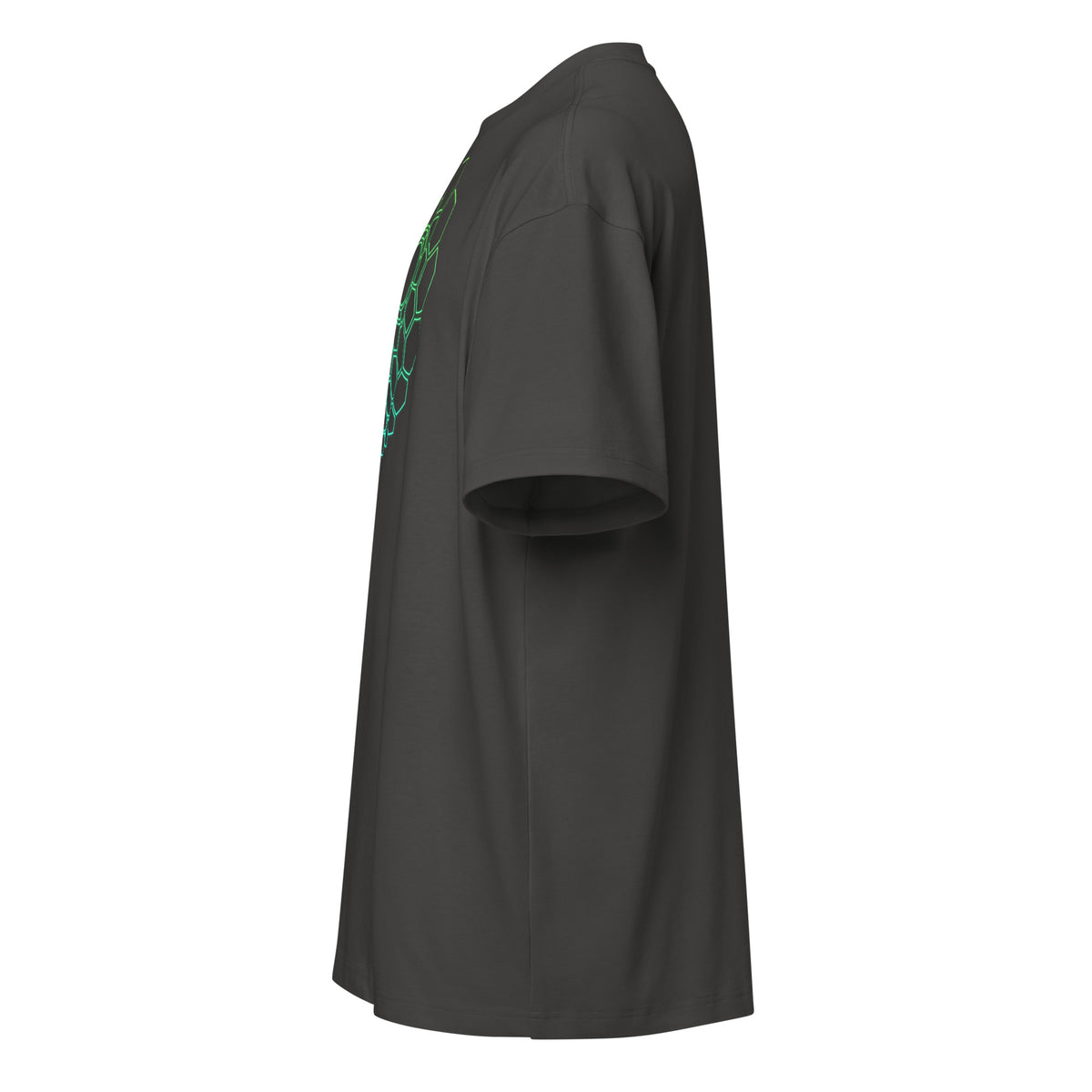 Hexa V2 cotton box t-shirt in Vintage Black, left side view: drop shoulder sleeve and the edge of the front print