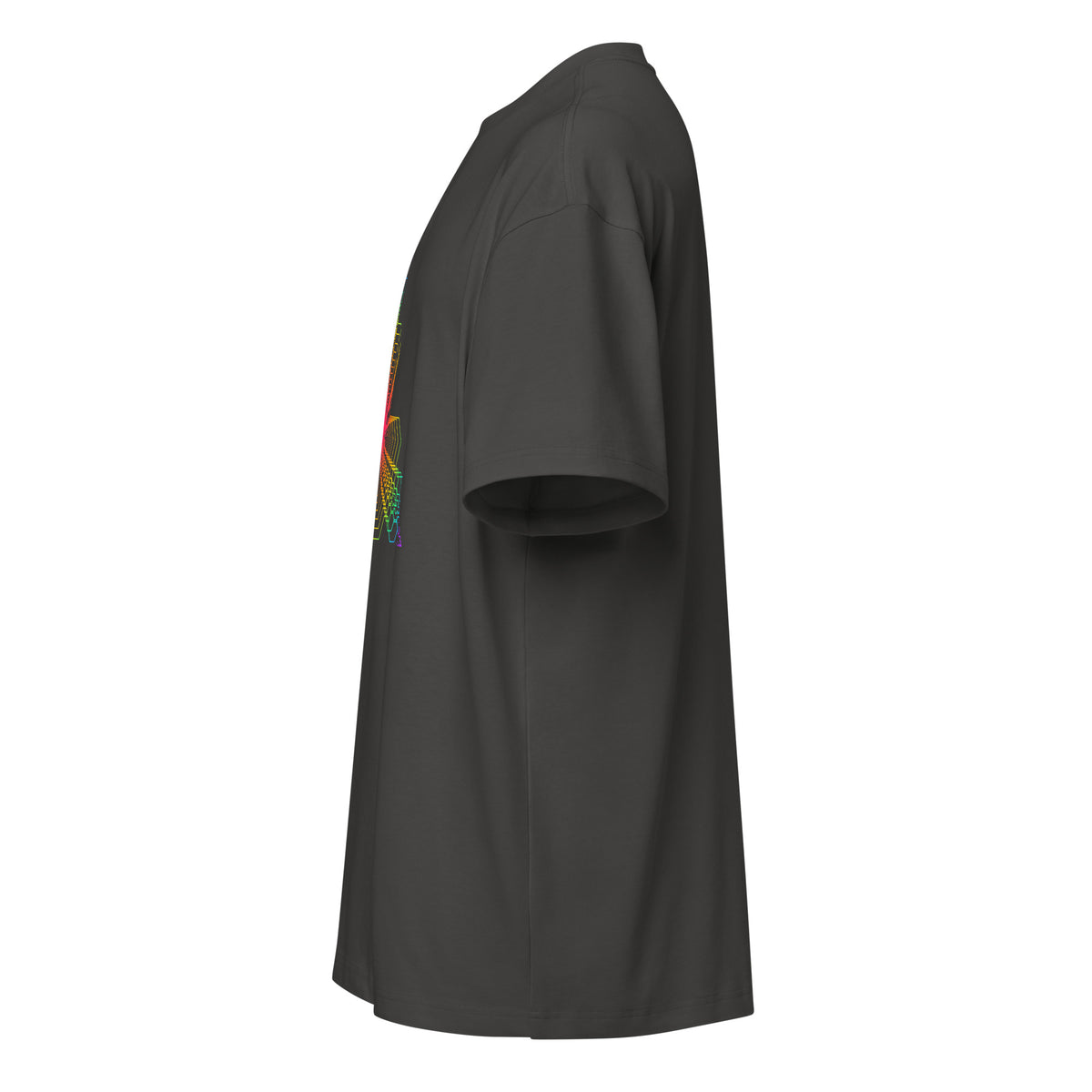 Fractal Triangle Rainbow cotton box t-shirt in Vintage Black, left side view: plain sleeve, edge of the front print