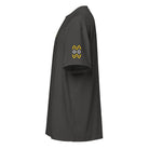 Owl embroidered box tee in Vintage Black, left side: two yellow stepped zigzags and two white diamonds on the sleeve