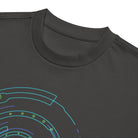 Hex Core cotton box t-shirt in Vintage Black, detail: ribbed collar above turquoise rings and green dots