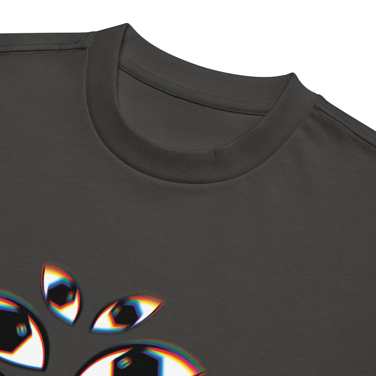 I See You cotton box t-shirt in Vintage Black, detail: collar and top eyes, red, yellow and blue edges, rainbow highlights