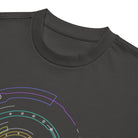 Hex Core Rainbow cotton box t-shirt in Vintage Black, detail: ribbed collar above violet, turquoise and white arcs