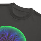 Star Weave cotton box t-shirt in Vintage Black, detail: ribbed collar above the green rim and blue line circles