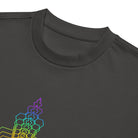 Fractal Triangle Rainbow cotton box t-shirt in Vintage Black, detail: ribbed collar above the violet and blue hexagon tip