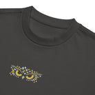 Owl embroidered box tee in Vintage Black, detail: ribbed collar and owl face, yellow eyes, slanted brows, diamond beak