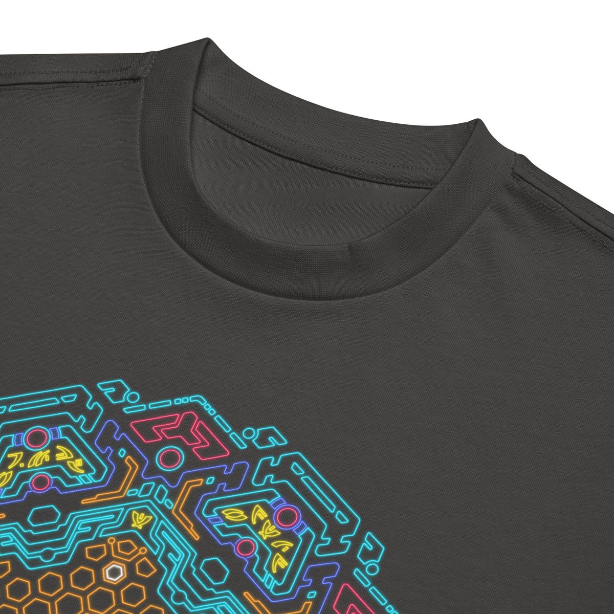 Neural Program Gold cotton box t-shirt in Vintage Black, close-up at the collar: gold and turquoise mandala