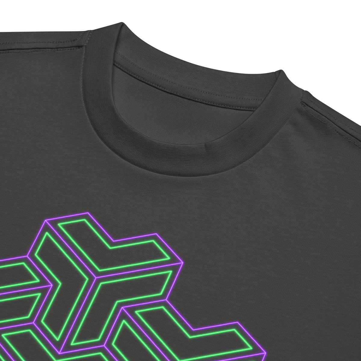 TreeStar cotton box t-shirt in Vintage Black, close-up at the collar: green and violet Y-shaped blocks stacked like cubes