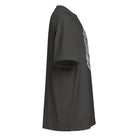 GeoMaster B&W cotton box t-shirt in Vintage Black, right side view: drop shoulder sleeve, edge of the white front print