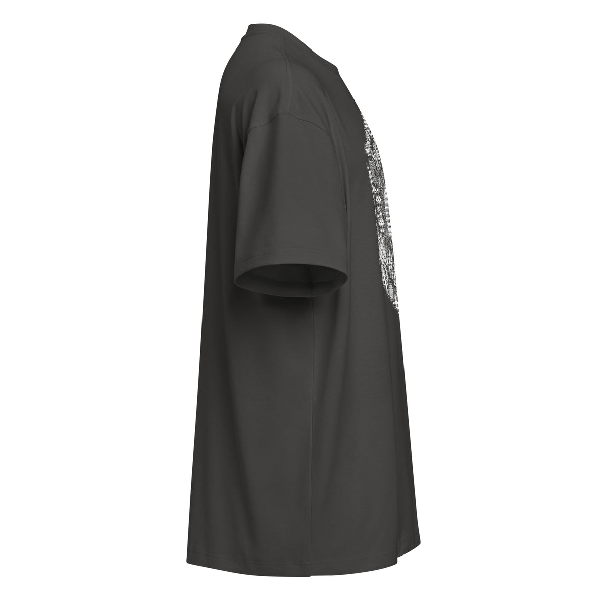 GeoMaster B&W cotton box t-shirt in Vintage Black, right side view: drop shoulder sleeve, edge of the white front print