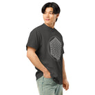 Life of a Flower B&W cotton box t-shirt in Vintage Black, right front view on a model: the white print from the side