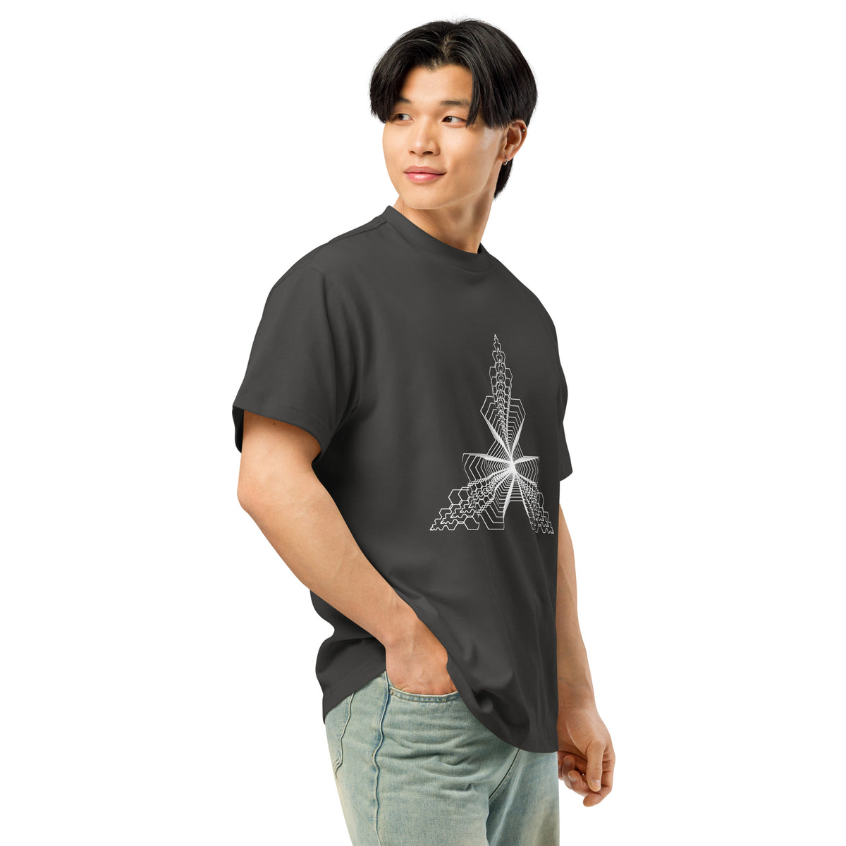 Fractal Triangle B&W cotton box t-shirt in Vintage Black, right front on a model: the white triangle seen at an angle