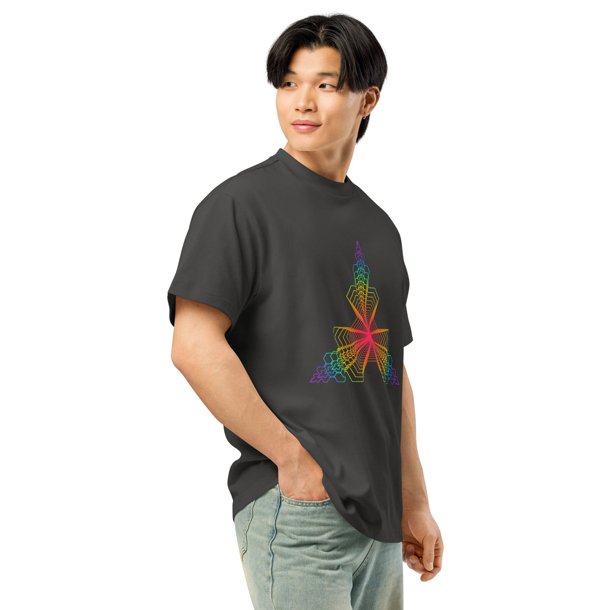 Fractal Triangle Rainbow cotton box t-shirt in Vintage Black, right front view on a model: the triangle print at an angle
