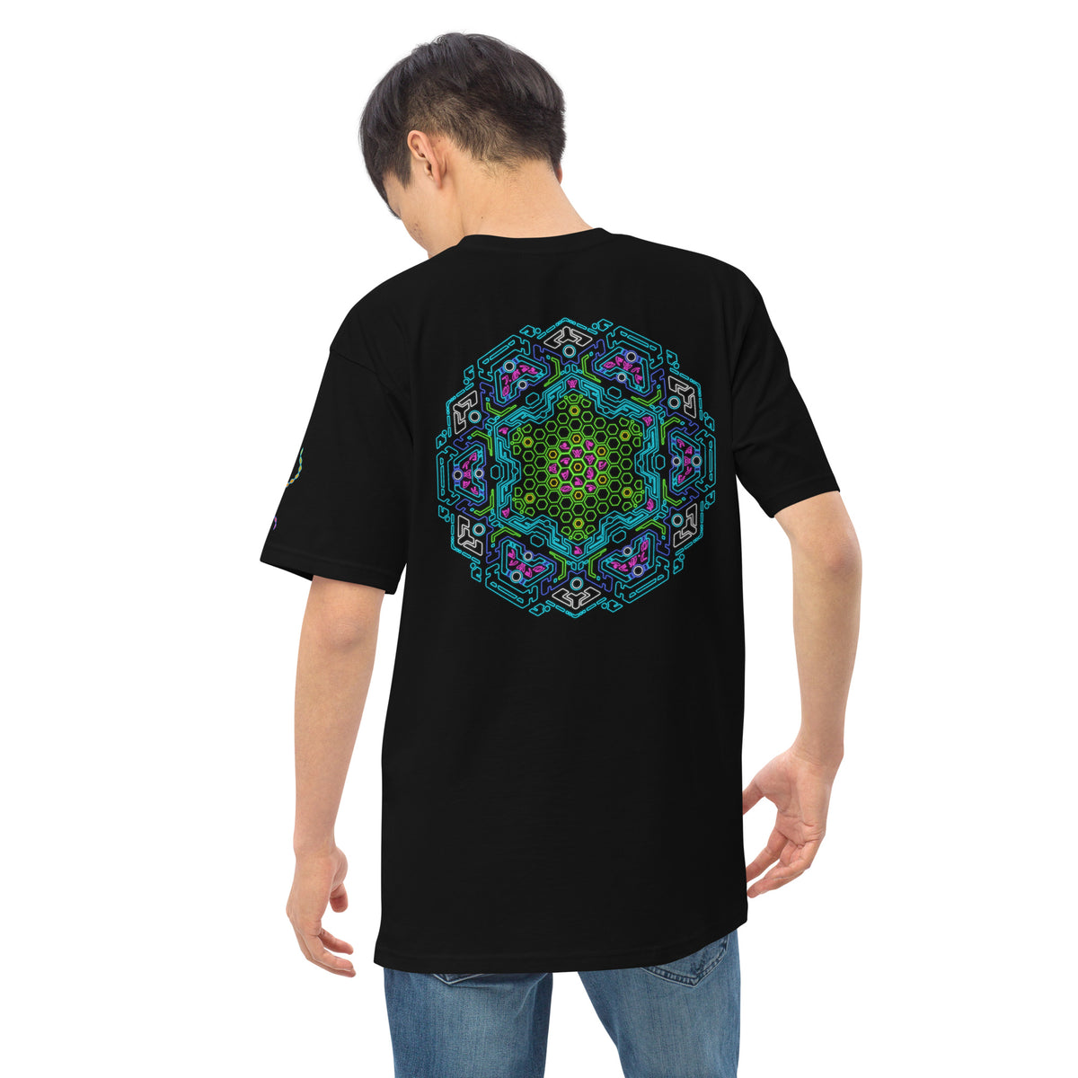 Neural Star Tree premium heavyweight t-shirt in Black, back view on a model: the Neural Program mandala