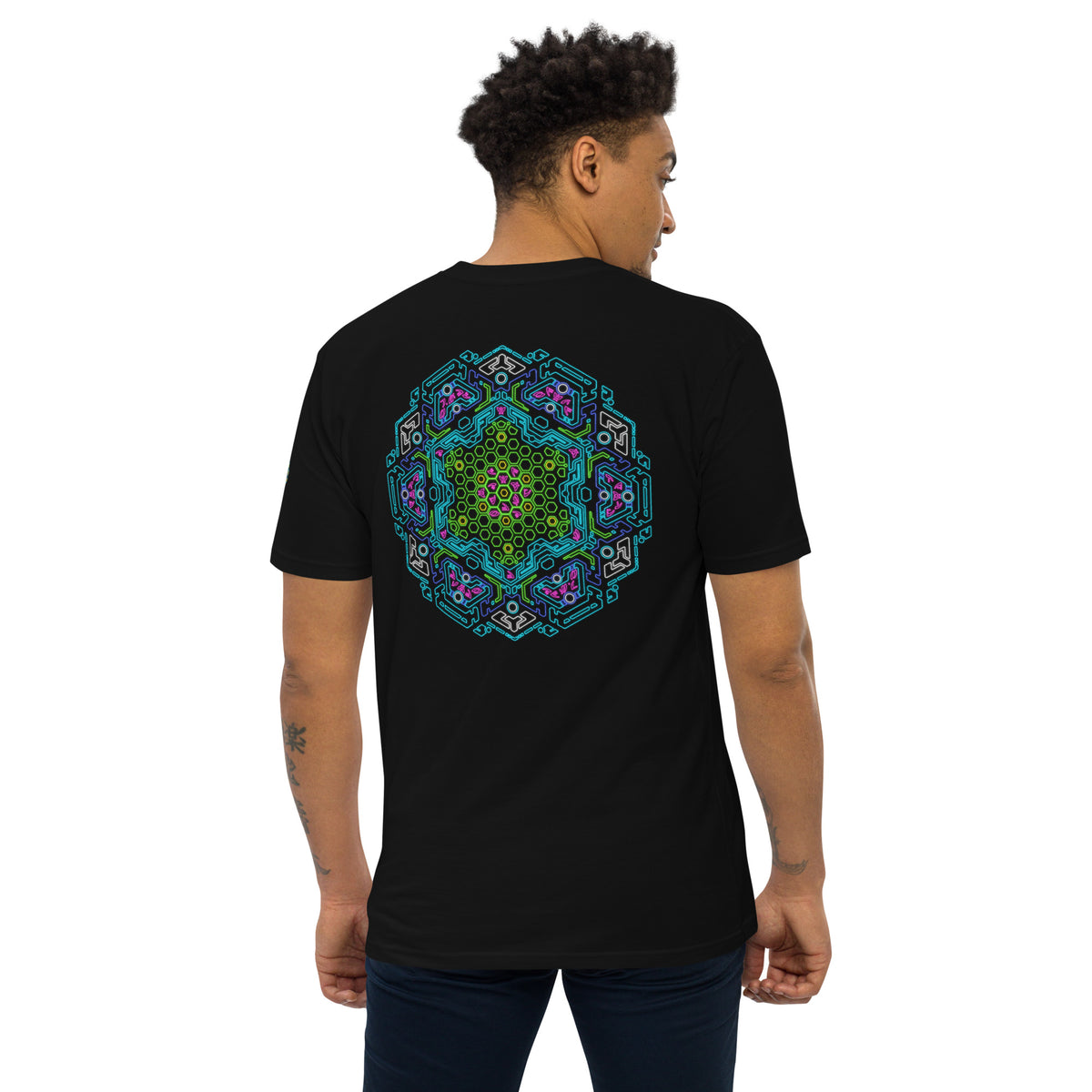 Neural Star Tree premium heavyweight t-shirt in Black, back view: the Neural Program mandala across the back