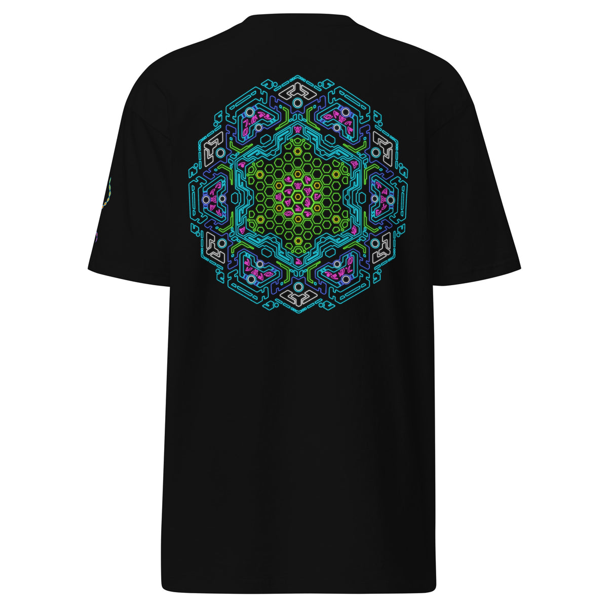 Neural Star Tree premium heavyweight t-shirt in Black, back view: the Neural Program mandala across the back