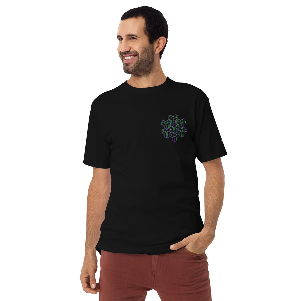 Neural Star Tree premium heavyweight t-shirt in Black, front view: TreeStar small on the left chest