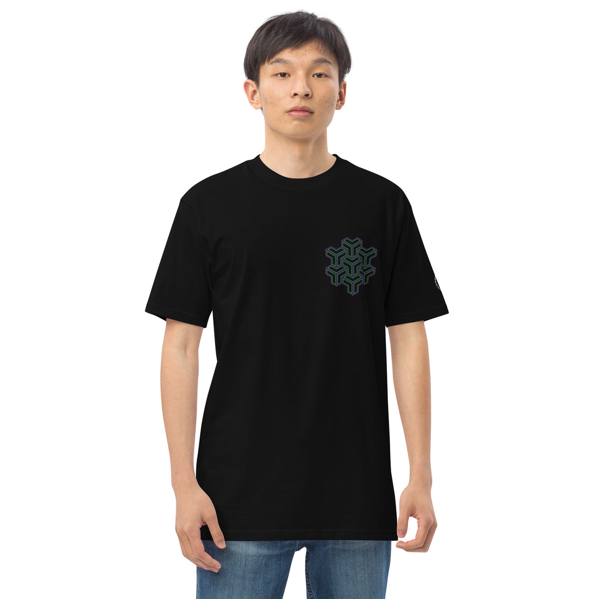 Neural Star Tree premium heavyweight t-shirt in Black, front view: TreeStar small on the left chest