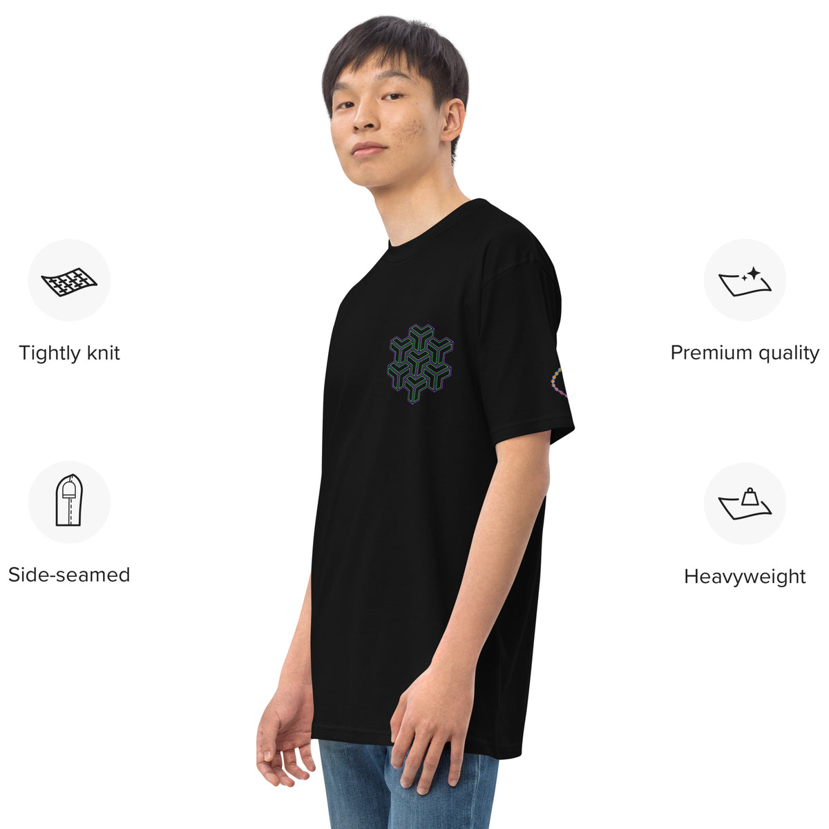 Neural Star Tree premium heavyweight t-shirt in Black, left front view on a model