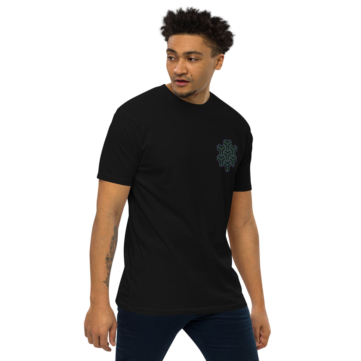 Neural Star Tree premium heavyweight t-shirt in Black, right front view on a model