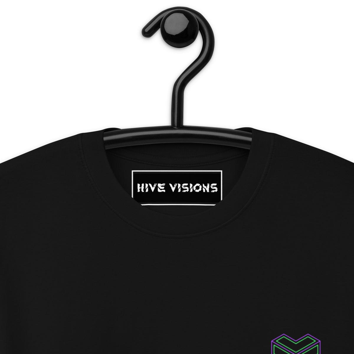 Neural Star Tree premium heavyweight t-shirt in Black, close-up: the HIVE VISIONS neck label