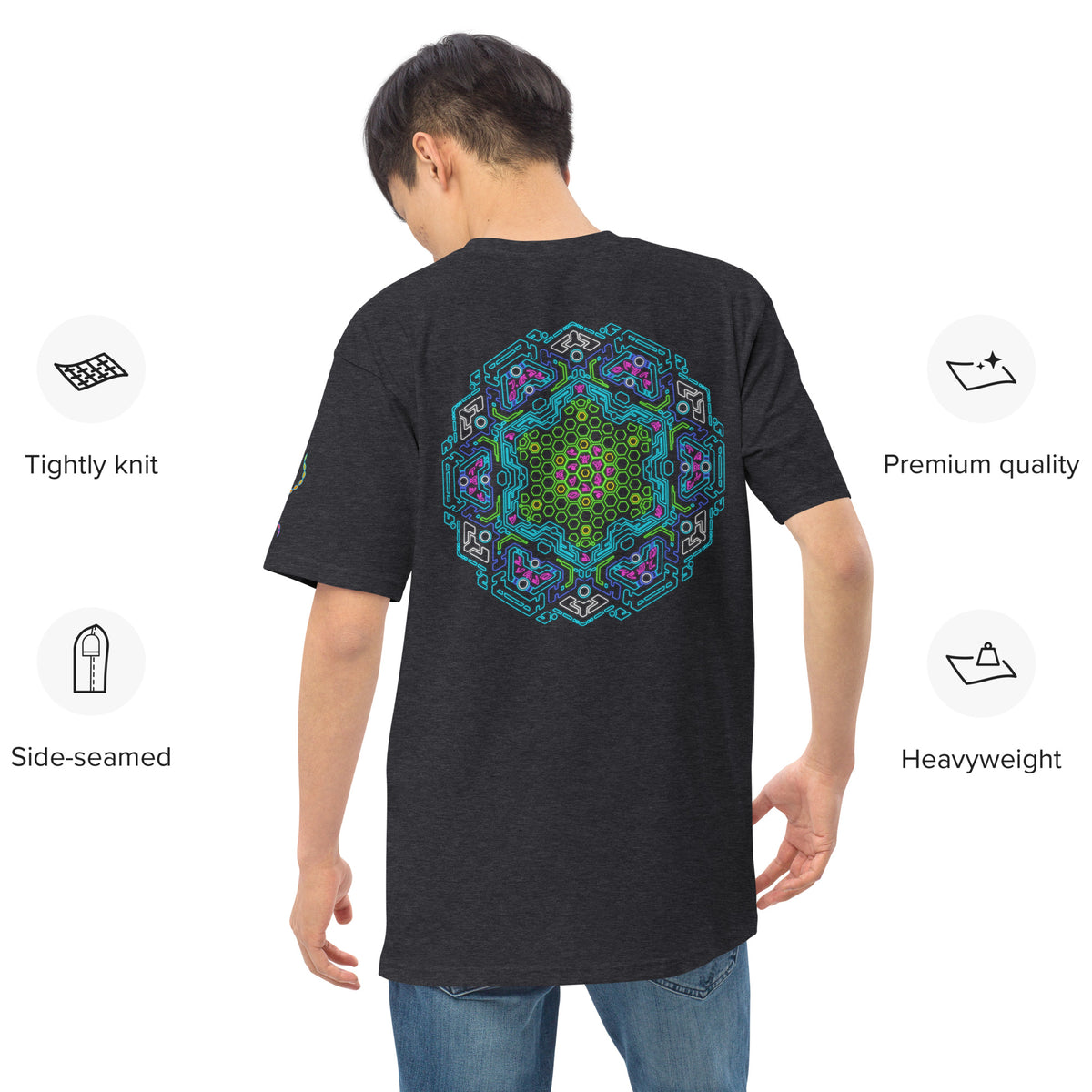 Neural Star Tree premium heavyweight t-shirt in Charcoal Heather, back view on a model: the Neural Program mandala