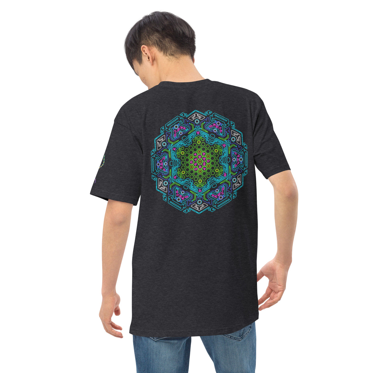 Neural Star Tree premium heavyweight t-shirt in Charcoal Heather, back view on a model: the Neural Program mandala
