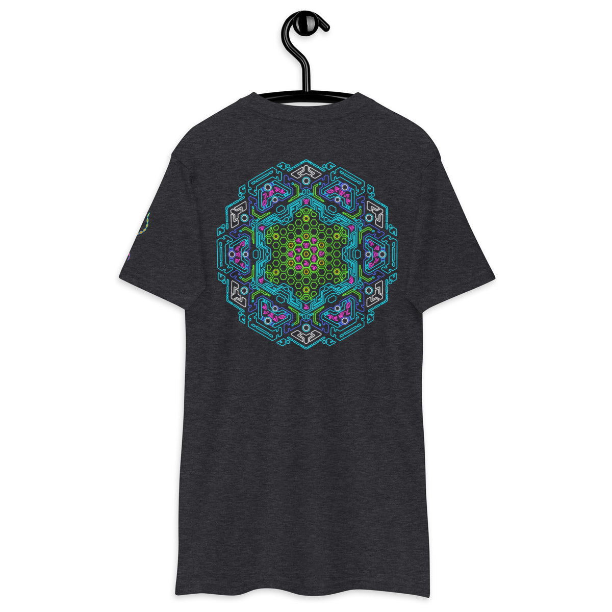 Neural Star Tree premium heavyweight t-shirt in Charcoal Heather, back view: the Neural Program mandala across the back